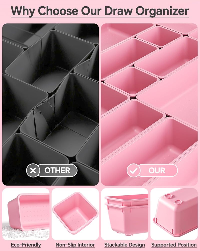 KEMETHY 25 PCS Plastic Drawer Organizers Set, 4 Sizes Vanity Organizer, Makeup and Desk Drawer Organizer Trays, Organization and Storage for Makeup, Bathroom, Kitchen Utensils and Office (Pink) - Image 5